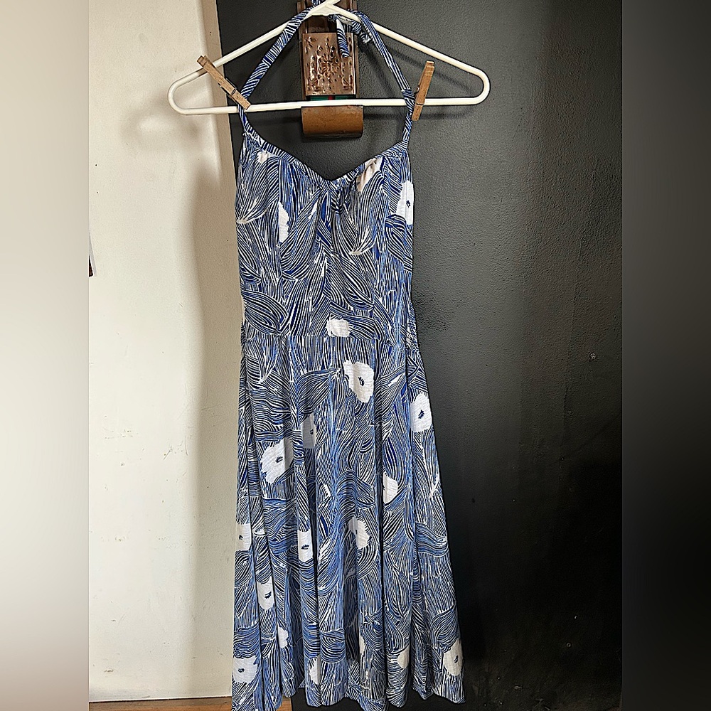 Vintage 70's Blue Floral Midi Halter Dress Size S/M